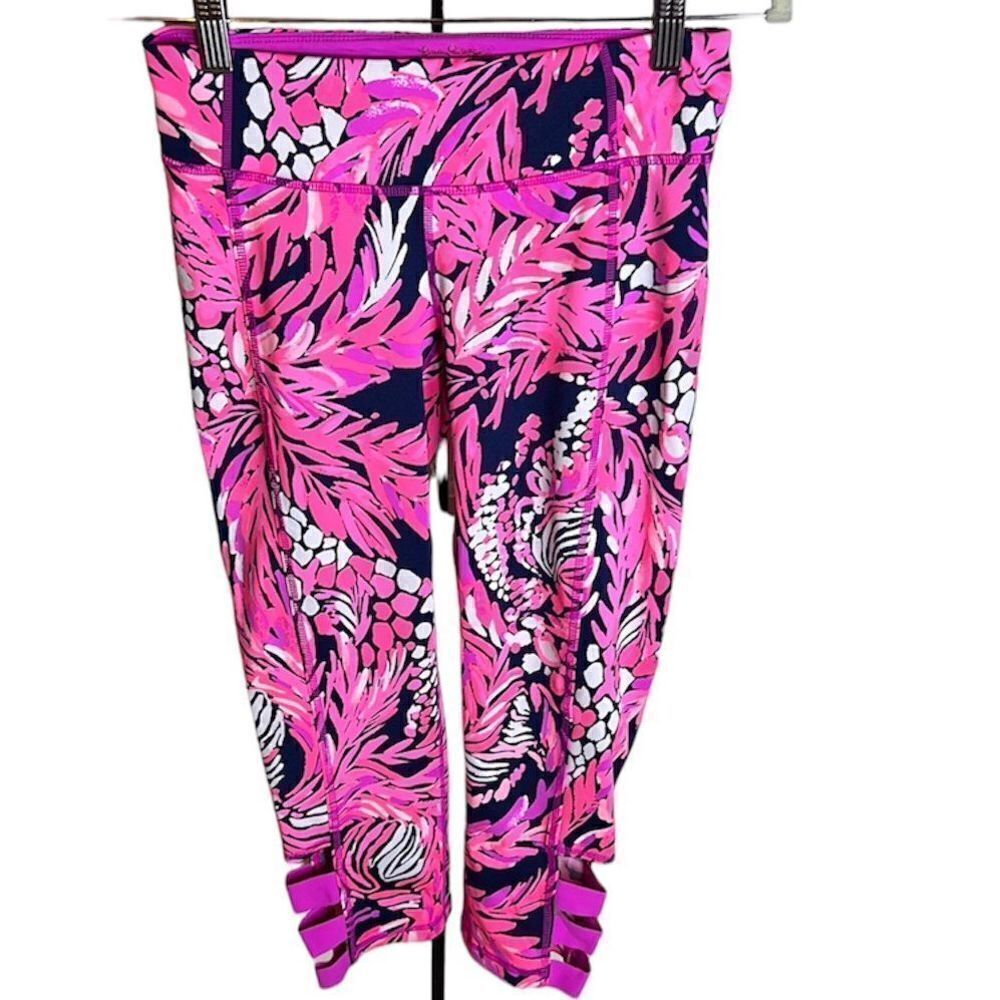 Lilly Pulitzer Womens Floral Cropped Luxletic Leggings Pink Navy Size Small